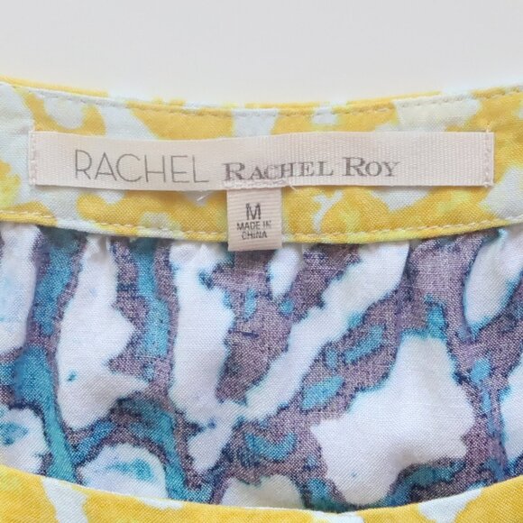 Rachel Roy Blue Yellow Abstract Print Sleeveless Drawstring Waist Summer Dress M - Picture 7 of 10